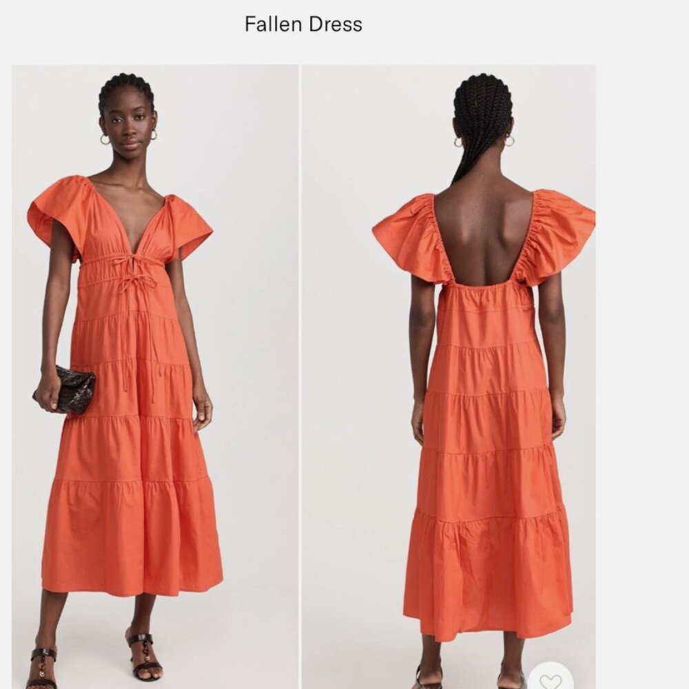 O.P.T Fallen Tiered Cotton Red Orange Flutter Sleeve Maxi Dress, Size S